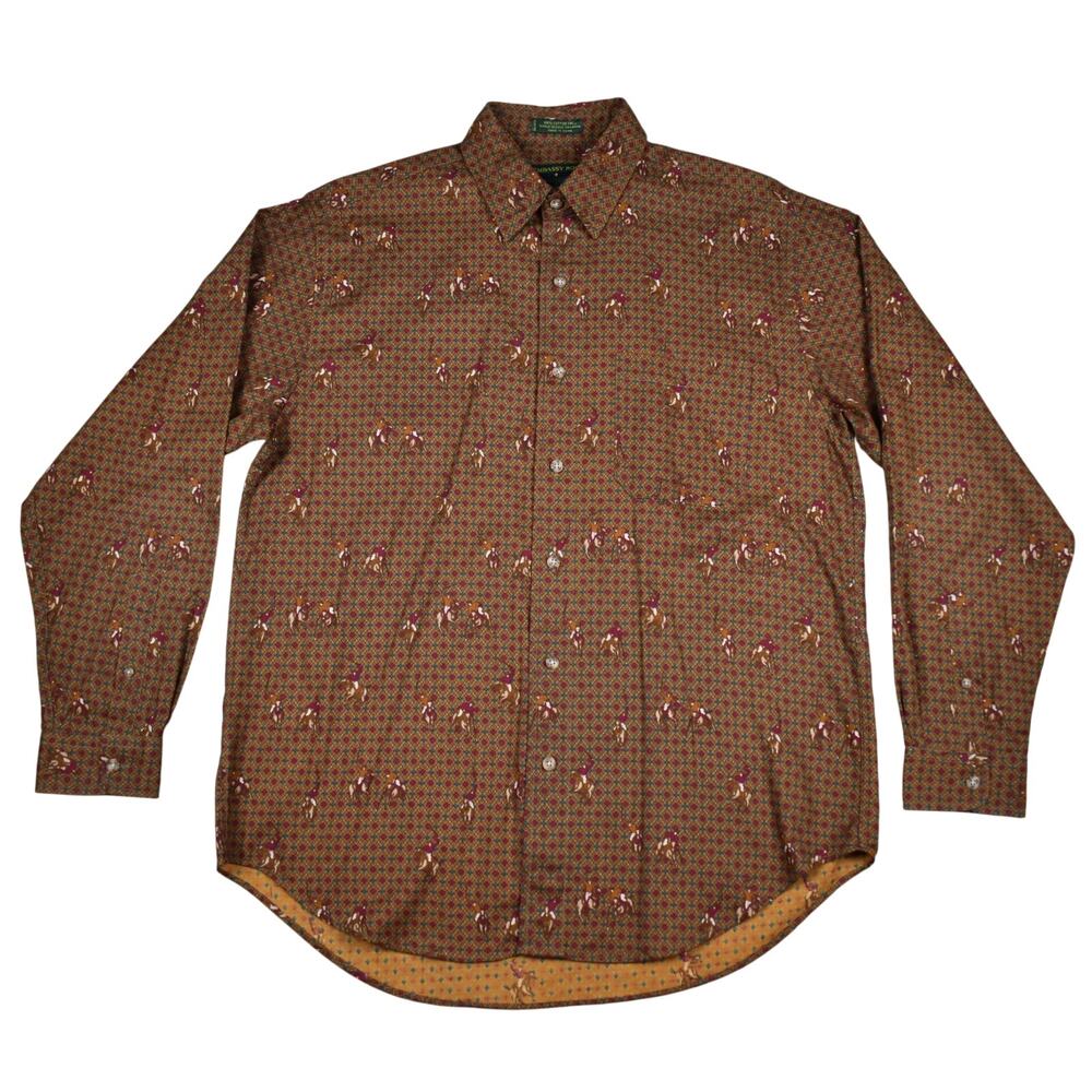 Vintage Polo Player Print Button Up Shirt Men's Medium Brown Maroon 90s Preppy